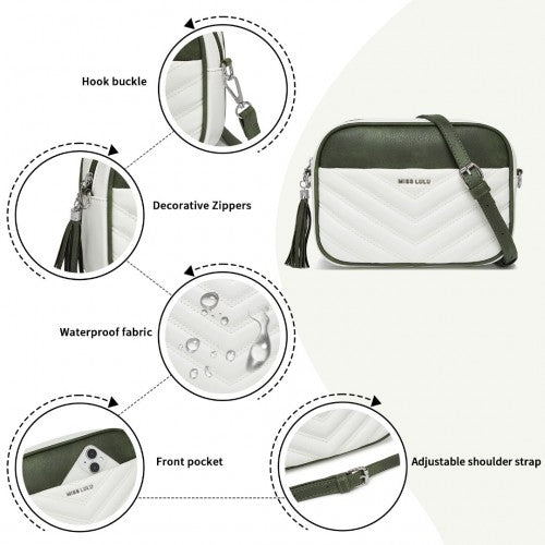 MSM2460 - Miss Lulu Minimalist V-Stitch PU Leather Crossbody Bag with Tassel Zip - White And Green