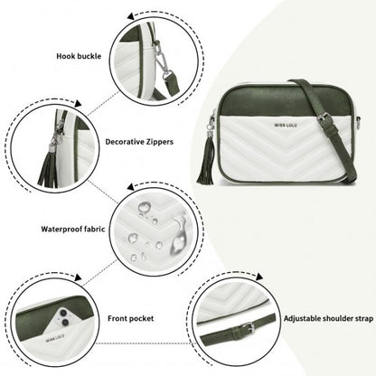 MSM2460 - Miss Lulu Minimalist V-Stitch PU Leather Crossbody Bag with Tassel Zip - White And Green