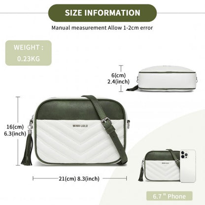 MSM2460 - Miss Lulu Minimalist V-Stitch PU Leather Crossbody Bag with Tassel Zip - White And Green