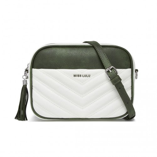 MSM2460 - Miss Lulu Minimalist V-Stitch PU Leather Crossbody Bag with Tassel Zip - White And Green