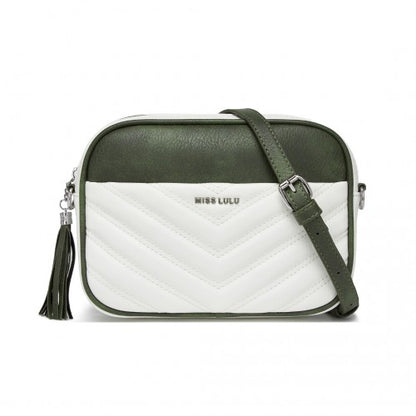 MSM2460 - Miss Lulu Minimalist V-Stitch PU Leather Crossbody Bag with Tassel Zip - White And Green