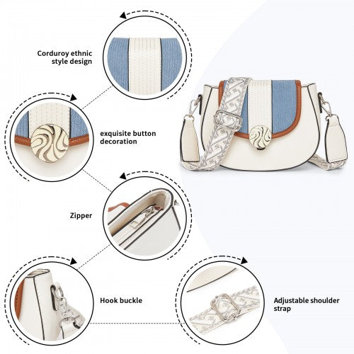 MSM2506 - Miss Lulu Women’s PU Leather Ethnic Style Crossbody Bag with Corduroy Flap and Adjustable Strap - Blue and Beige