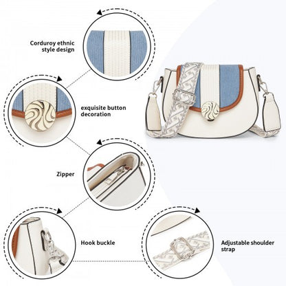 MSM2506 - Miss Lulu Women’s PU Leather Ethnic Style Crossbody Bag with Corduroy Flap and Adjustable Strap - Blue and Beige