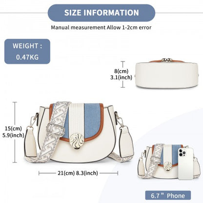 MSM2506 - Miss Lulu Women’s PU Leather Ethnic Style Crossbody Bag with Corduroy Flap and Adjustable Strap - Blue and Beige