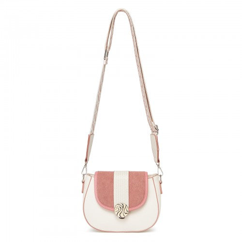 MSM2506 - Miss Lulu Women’s PU Leather Ethnic Style Crossbody Bag with Corduroy Flap and Adjustable Strap - Pink and Beige