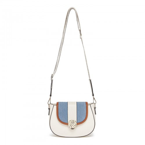 MSM2506 - Miss Lulu Women’s PU Leather Ethnic Style Crossbody Bag with Corduroy Flap and Adjustable Strap - Blue and Beige