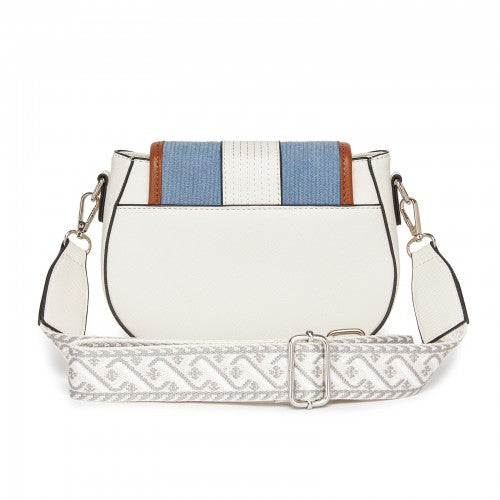MSM2506 - Miss Lulu Women’s PU Leather Ethnic Style Crossbody Bag with Corduroy Flap and Adjustable Strap - Blue and Beige