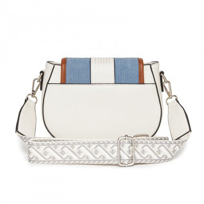 MSM2506 - Miss Lulu Women’s PU Leather Ethnic Style Crossbody Bag with Corduroy Flap and Adjustable Strap - Blue and Beige