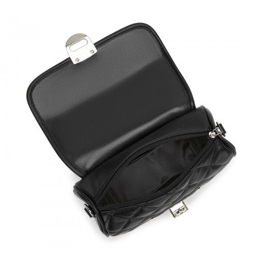 MSM2507 - Miss Lulu Practical Quilted PU Leather Crossbody Handbag with Secure Lock and Everyday Storage - Black