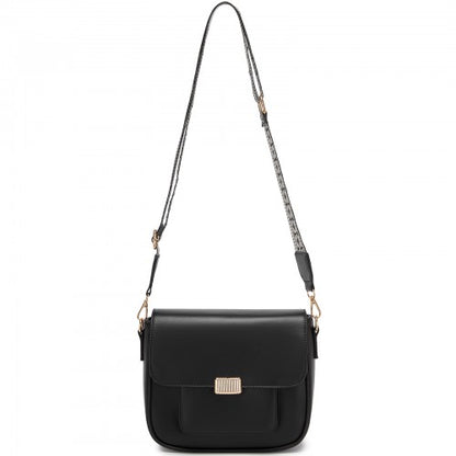 MSM2513 - Miss Lulu Chic Fashion PU Crossbody Shoulder Bag with Detachable Woven Strap for Women - Black