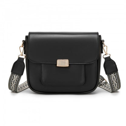 MSM2513 - Miss Lulu Chic Fashion PU Crossbody Shoulder Bag with Detachable Woven Strap for Women - Black