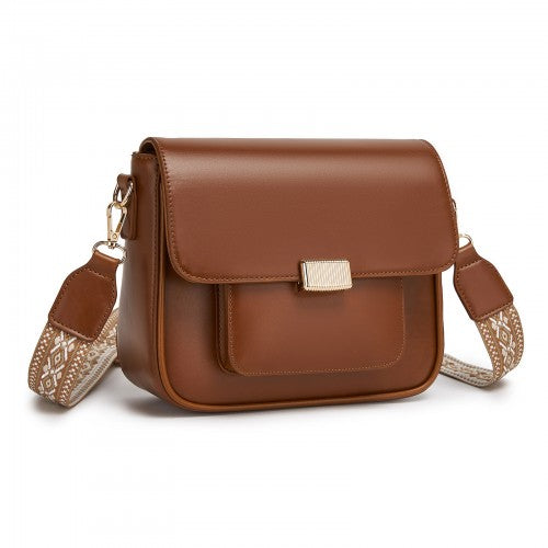 MSM2513 - Miss Lulu Chic Fashion PU Crossbody Shoulder Bag with Detachable Woven Strap for Women - Brown