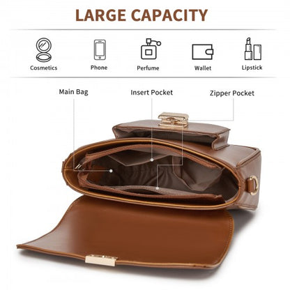 MSM2513 - Miss Lulu Chic Fashion PU Crossbody Shoulder Bag with Detachable Woven Strap for Women - Brown
