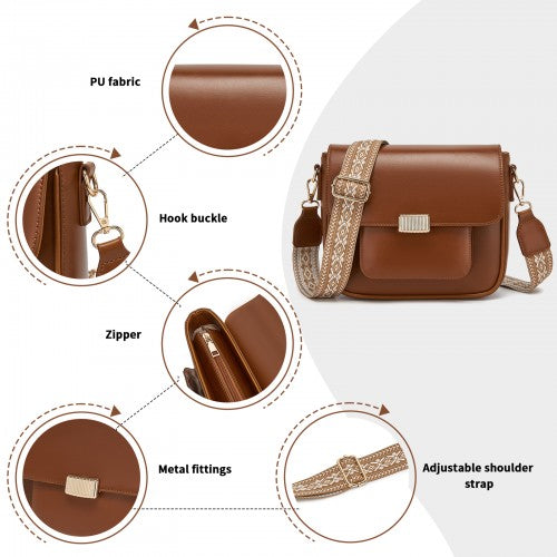 MSM2513 - Miss Lulu Chic Fashion PU Crossbody Shoulder Bag with Detachable Woven Strap for Women - Brown