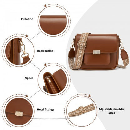 MSM2513 - Miss Lulu Chic Fashion PU Crossbody Shoulder Bag with Detachable Woven Strap for Women - Brown