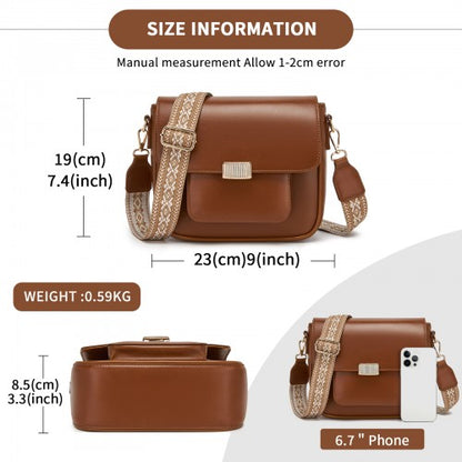 MSM2513 - Miss Lulu Chic Fashion PU Crossbody Shoulder Bag with Detachable Woven Strap for Women - Brown