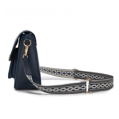 MSM2513 - Miss Lulu Chic Fashion PU Crossbody Shoulder Bag with Detachable Woven Strap for Women - Navy