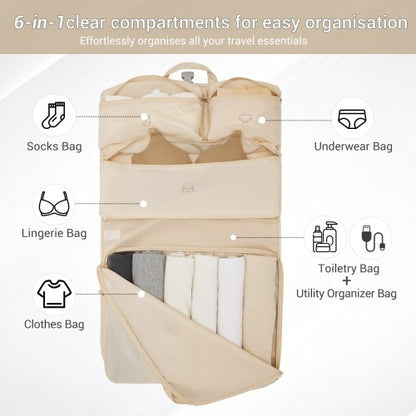 POK2523 - Kono 6-in-1 Hanging Travel Organiser Bag, Portable Foldable Packing Cubes Set with Trolley Sleeve - Beige
