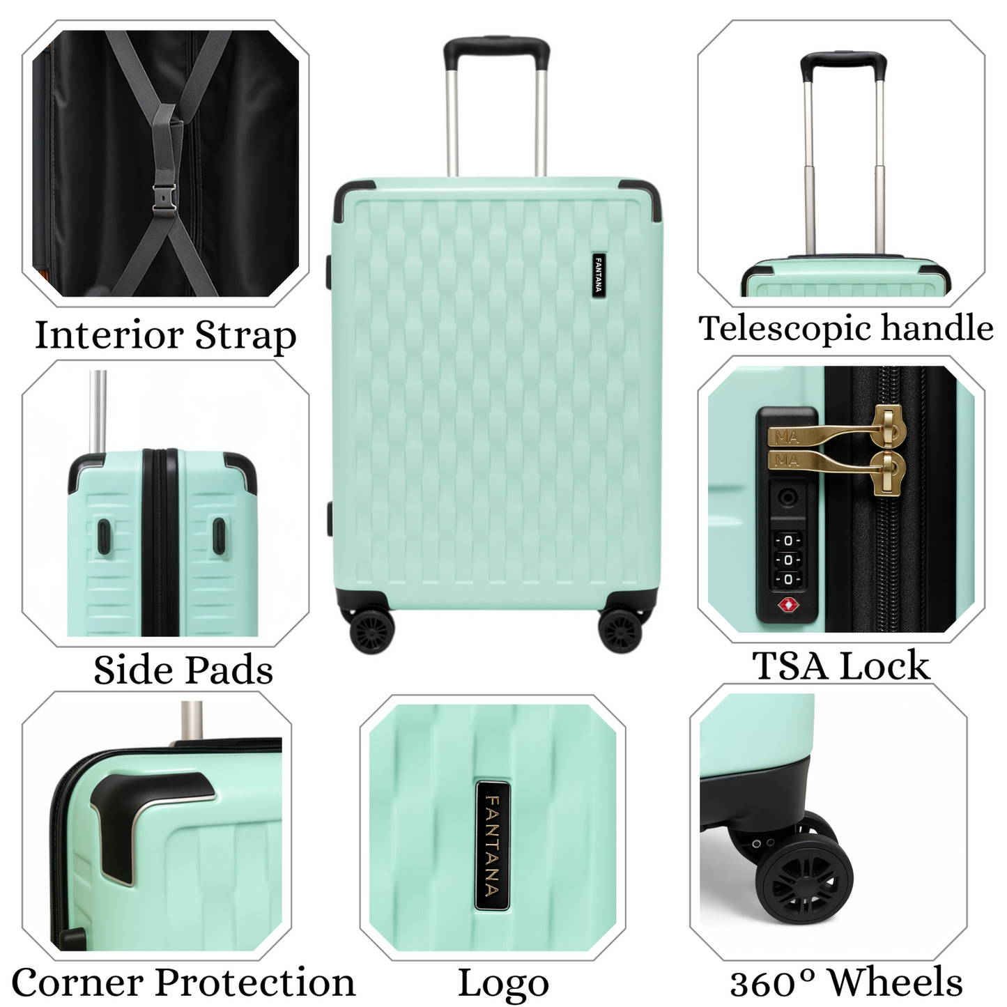Fantana Premium Expandable Luggage - Hard Shell Polycarbonate, 360° Spinners, TSA Lock - Light Green