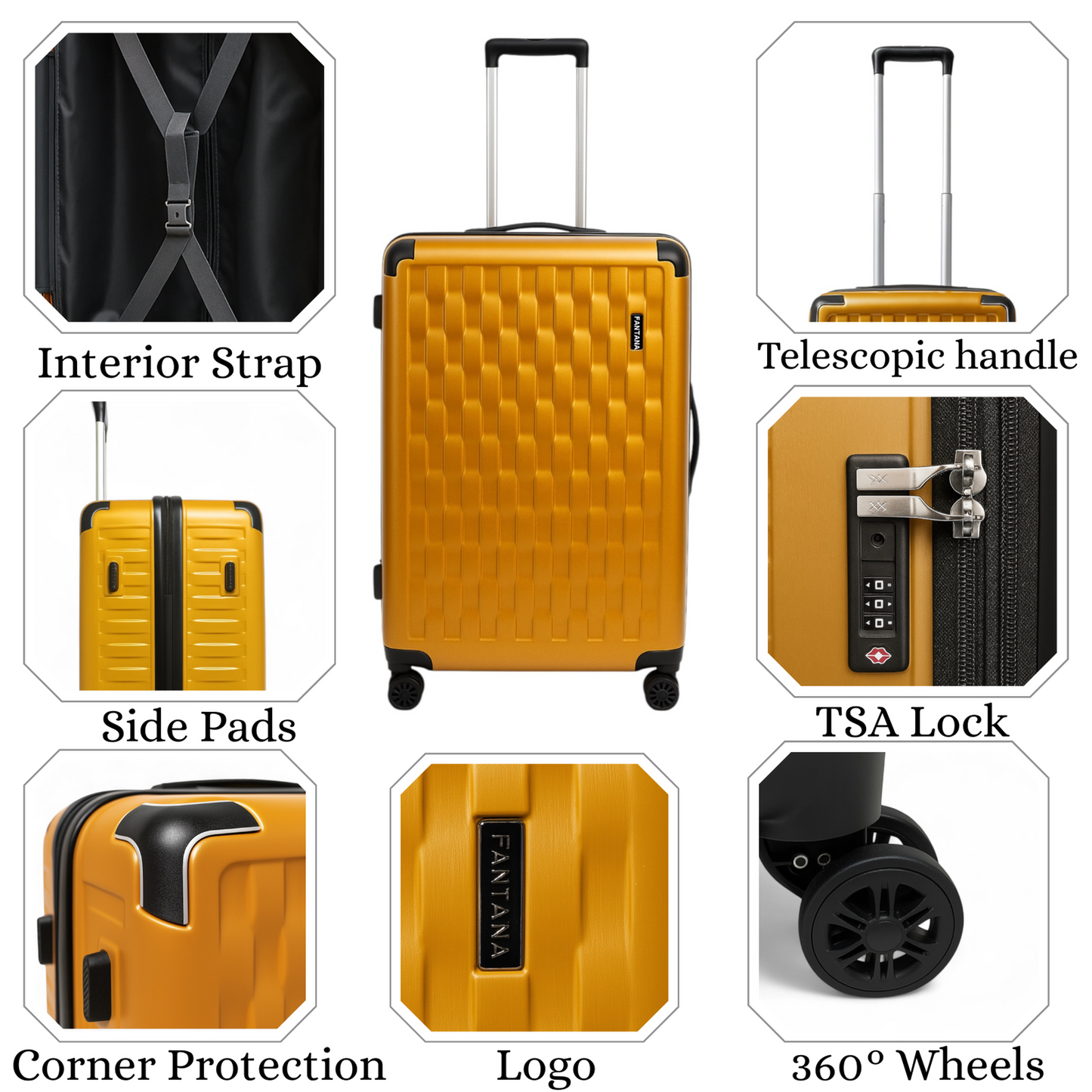 Fantana Premium Expandable Luggage - Hard Shell Polycarbonate, 360° Spinners, TSA Lock - Golden