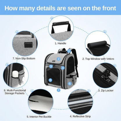 PTD2441 - Dogat Expandable And Foldable Pet Backpack Carrier with Ventilated Mesh Windows Comfortable & Secure Design - Grey