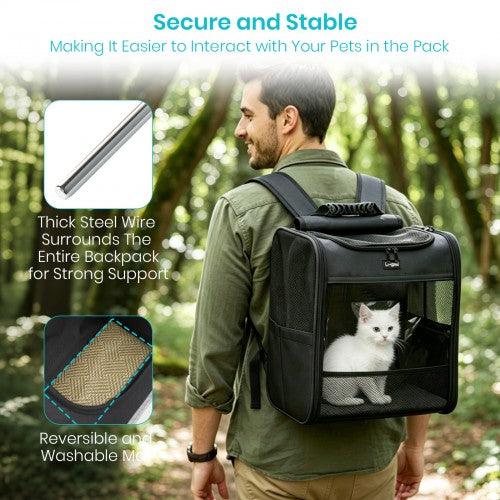 PTD2640 - Dogat Foldable And Durable Pet Backpack Carrier Travel Bag for Cats and Small Dogs - Black