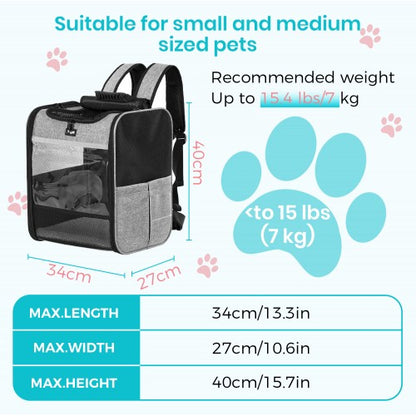 PTD2640 - Dogat Foldable And Durable Pet Backpack Carrier Travel Bag for Cats and Small Dogs - Grey