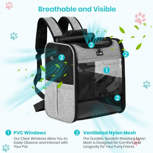 PTD2640 - Dogat Foldable And Durable Pet Backpack Carrier Travel Bag for Cats and Small Dogs - Grey