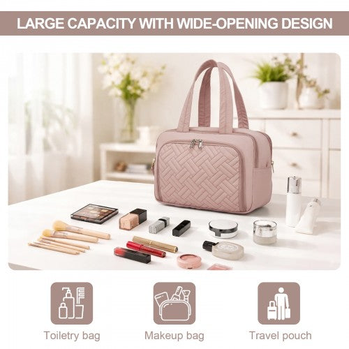 TOK2608 - Kono Travel Quilted Toiletry Bag – Water-Resistant, Wet/Dry Pocket, Large 180° Opening for Easy Access - Nude
