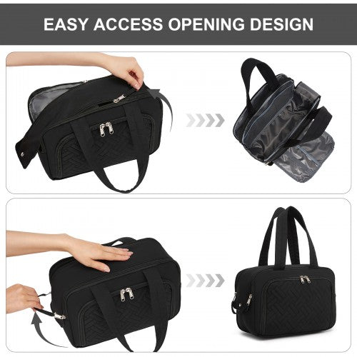 TOK2608 - Kono Travel Quilted Toiletry Bag – Water-Resistant, Wet/Dry Pocket, Large 180° Opening for Easy Access - Black