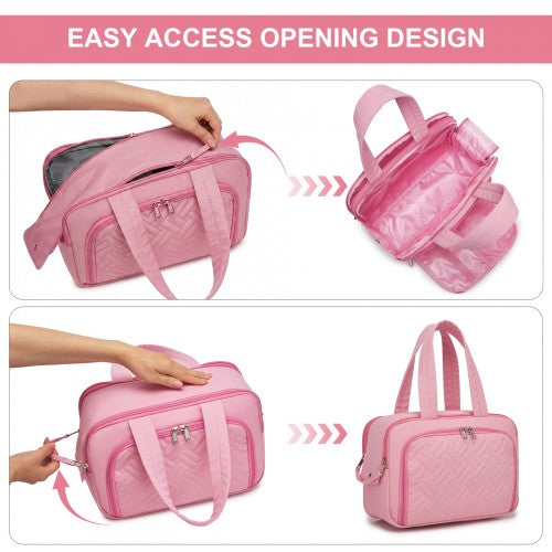 TOK2608 - Kono Travel Quilted Toiletry Bag – Water-Resistant, Wet/Dry Pocket, Large 180° Opening for Easy Access - Pink