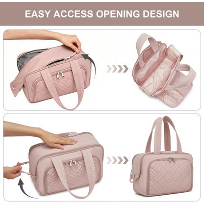 TOK2608 - Kono Travel Quilted Toiletry Bag – Water-Resistant, Wet/Dry Pocket, Large 180° Opening for Easy Access - Nude