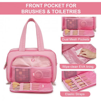 TOK2608 - Kono Travel Quilted Toiletry Bag – Water-Resistant, Wet/Dry Pocket, Large 180° Opening for Easy Access - Pink