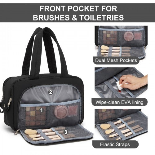 TOK2608 - Kono Travel Quilted Toiletry Bag – Water-Resistant, Wet/Dry Pocket, Large 180° Opening for Easy Access - Black