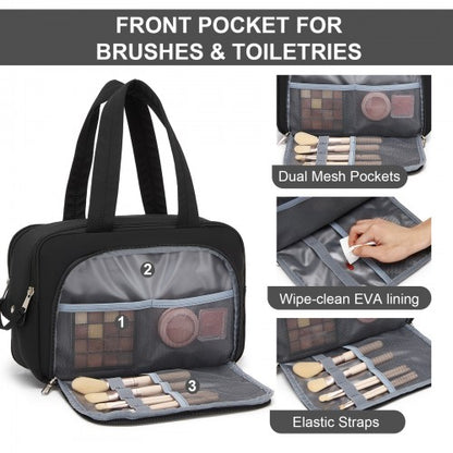 TOK2608 - Kono Travel Quilted Toiletry Bag – Water-Resistant, Wet/Dry Pocket, Large 180° Opening for Easy Access - Black