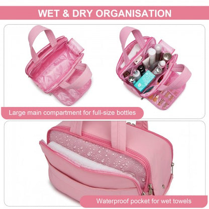 TOK2608 - Kono Travel Quilted Toiletry Bag – Water-Resistant, Wet/Dry Pocket, Large 180° Opening for Easy Access - Pink
