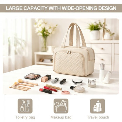 TOK2608 - Kono Travel Quilted Toiletry Bag – Water-Resistant, Wet/Dry Pocket, Large 180° Opening for Easy Access - Beige
