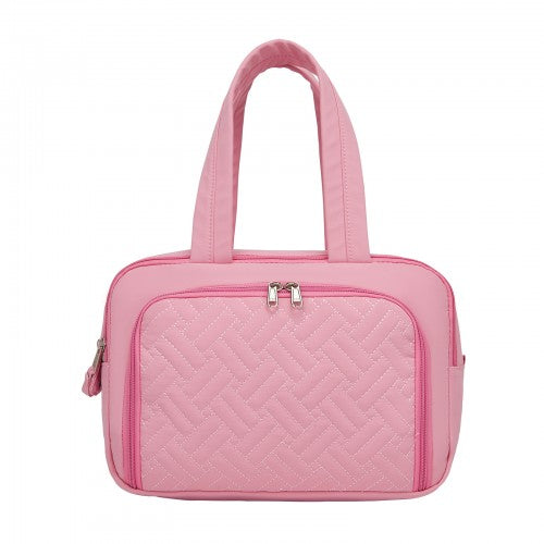 TOK2608 - Kono Travel Quilted Toiletry Bag – Water-Resistant, Wet/Dry Pocket, Large 180° Opening for Easy Access - Pink