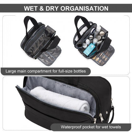 TOK2608 - Kono Travel Quilted Toiletry Bag – Water-Resistant, Wet/Dry Pocket, Large 180° Opening for Easy Access - Black