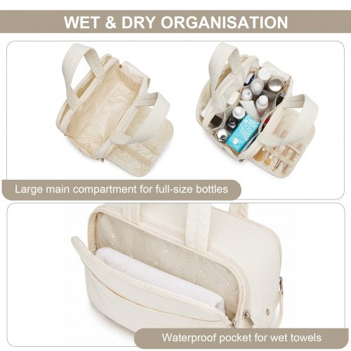 TOK2608 - Kono Travel Quilted Toiletry Bag – Water-Resistant, Wet/Dry Pocket, Large 180° Opening for Easy Access - Beige