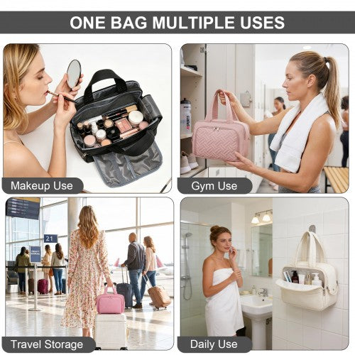 TOK2608 - Kono Travel Quilted Toiletry Bag – Water-Resistant, Wet/Dry Pocket, Large 180° Opening for Easy Access - Black