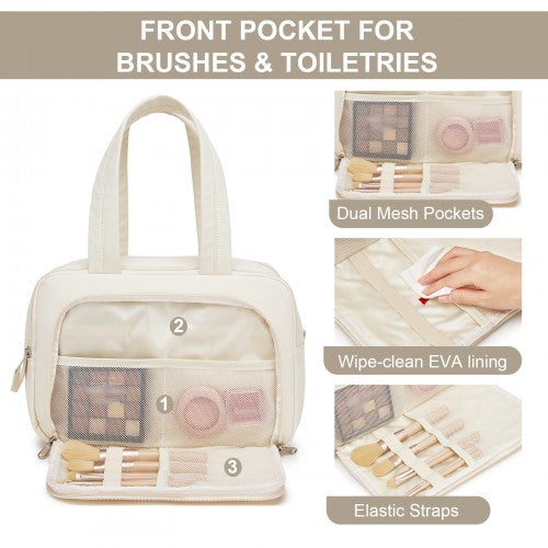 TOK2608 - Kono Travel Quilted Toiletry Bag – Water-Resistant, Wet/Dry Pocket, Large 180° Opening for Easy Access - Beige