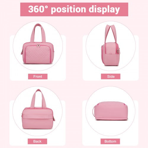 TOK2608 - Kono Travel Quilted Toiletry Bag – Water-Resistant, Wet/Dry Pocket, Large 180° Opening for Easy Access - Pink
