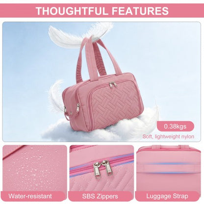 TOK2608 - Kono Travel Quilted Toiletry Bag – Water-Resistant, Wet/Dry Pocket, Large 180° Opening for Easy Access - Pink
