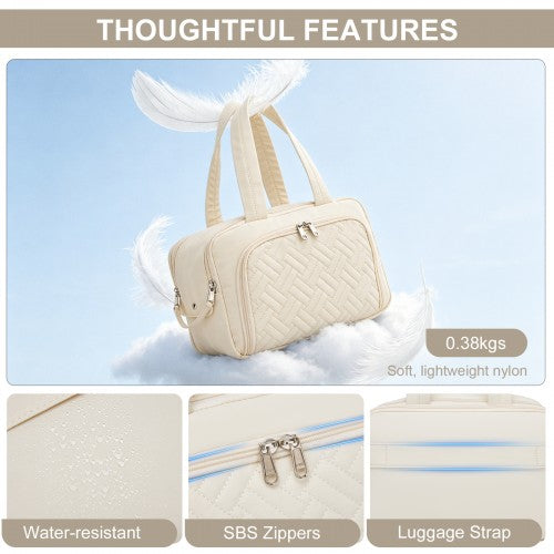 TOK2608 - Kono Travel Quilted Toiletry Bag – Water-Resistant, Wet/Dry Pocket, Large 180° Opening for Easy Access - Beige