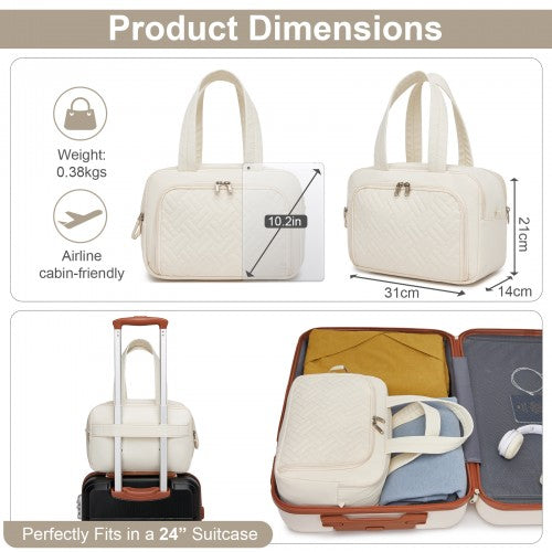 TOK2608 - Kono Travel Quilted Toiletry Bag – Water-Resistant, Wet/Dry Pocket, Large 180° Opening for Easy Access - Beige
