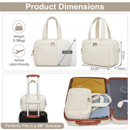 TOK2608 - Kono Travel Quilted Toiletry Bag – Water-Resistant, Wet/Dry Pocket, Large 180° Opening for Easy Access - Beige
