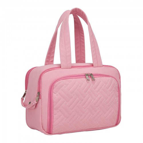 TOK2608 - Kono Travel Quilted Toiletry Bag – Water-Resistant, Wet/Dry Pocket, Large 180° Opening for Easy Access - Pink