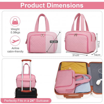 TOK2608 - Kono Travel Quilted Toiletry Bag – Water-Resistant, Wet/Dry Pocket, Large 180° Opening for Easy Access - Pink