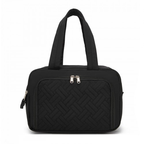 TOK2608 - Kono Travel Quilted Toiletry Bag – Water-Resistant, Wet/Dry Pocket, Large 180° Opening for Easy Access - Black